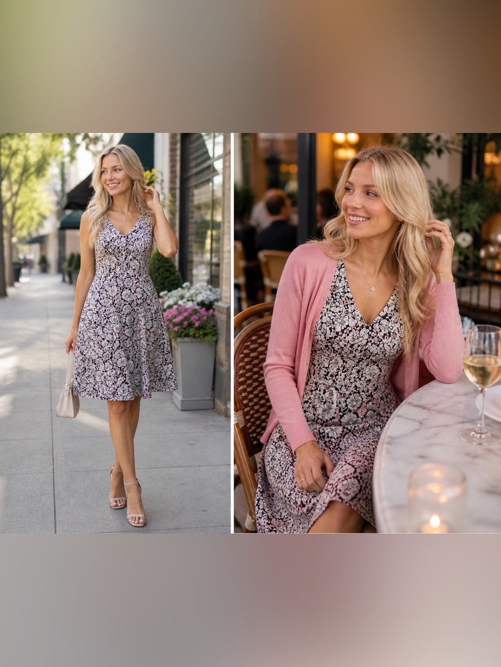 Rebecca Taylor Floral V-Neck Fit-and-Flare Dress in Black and Pink